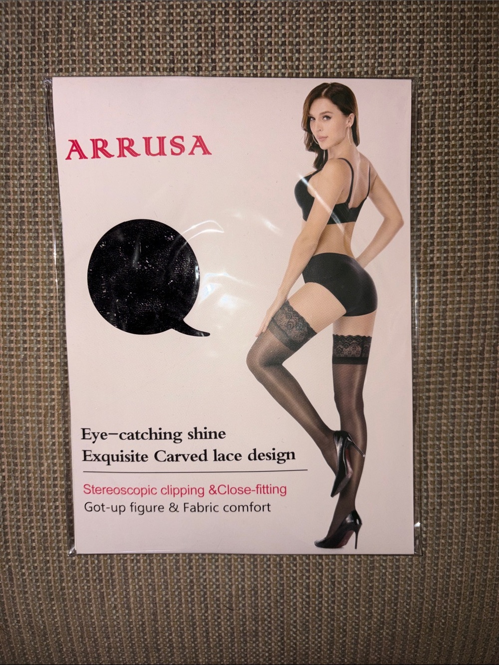 Arrusa Black Sheer Peacock Lace-Top Thigh-High Stockings